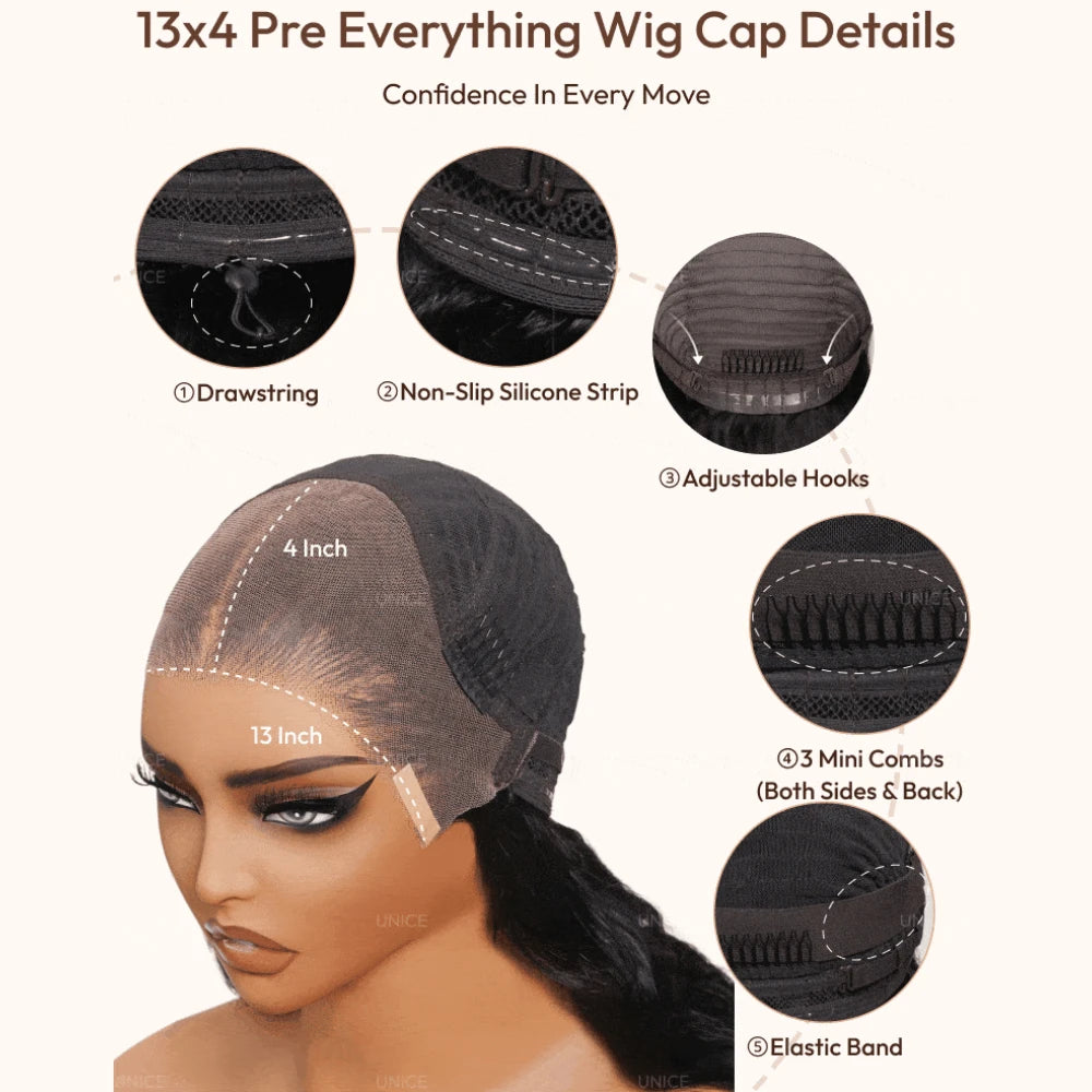 UNice Pre Everything 13x4 Lace Frontal Black Cherry Water Wave Human Hair Wig Pre Ear Tape Peel & Stick Glueless Wig Ready-to-go