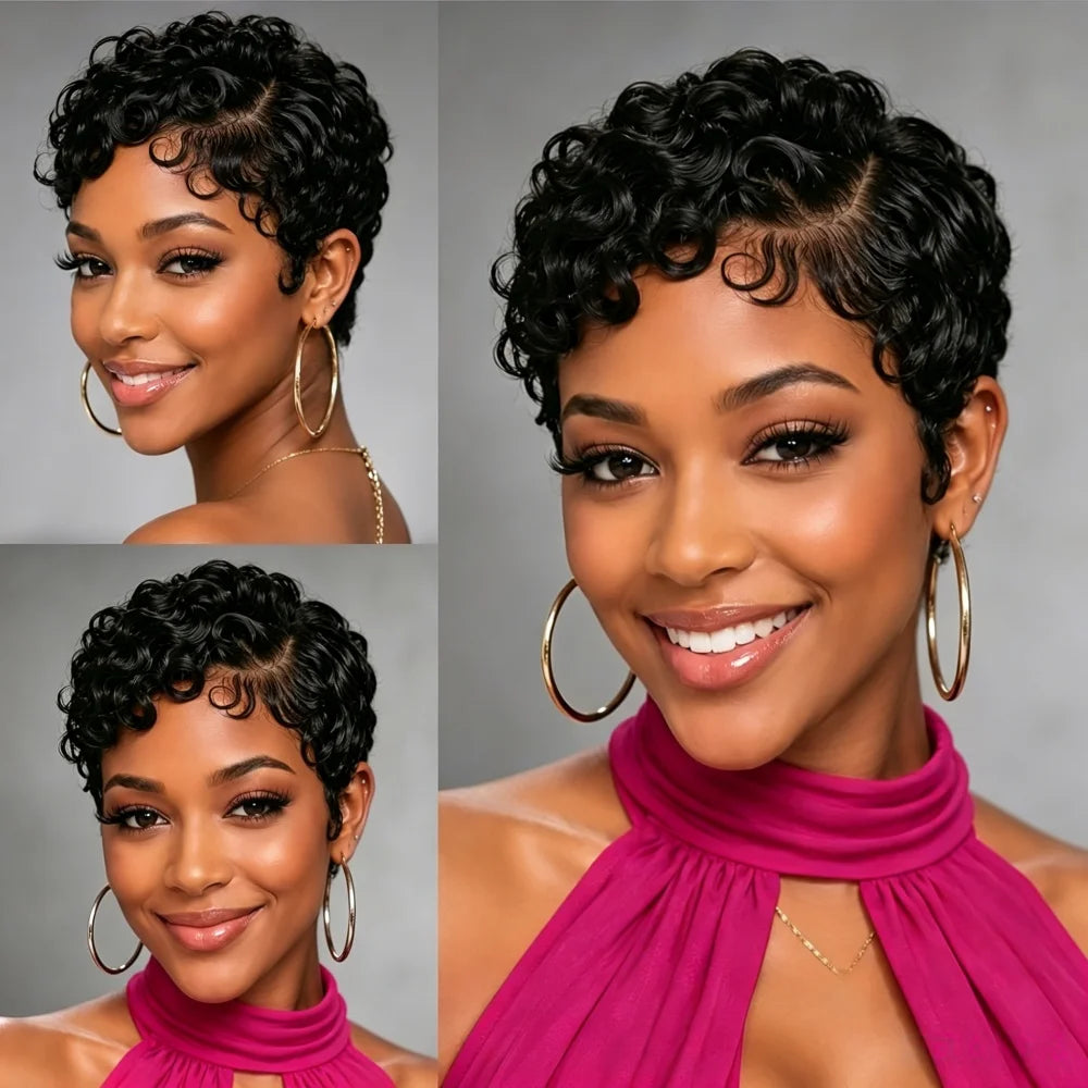 13x4 Lace Front Short Curly Human Hair Wig, Tiny Curls Pixie Cut Hair Wigs for African American Women
