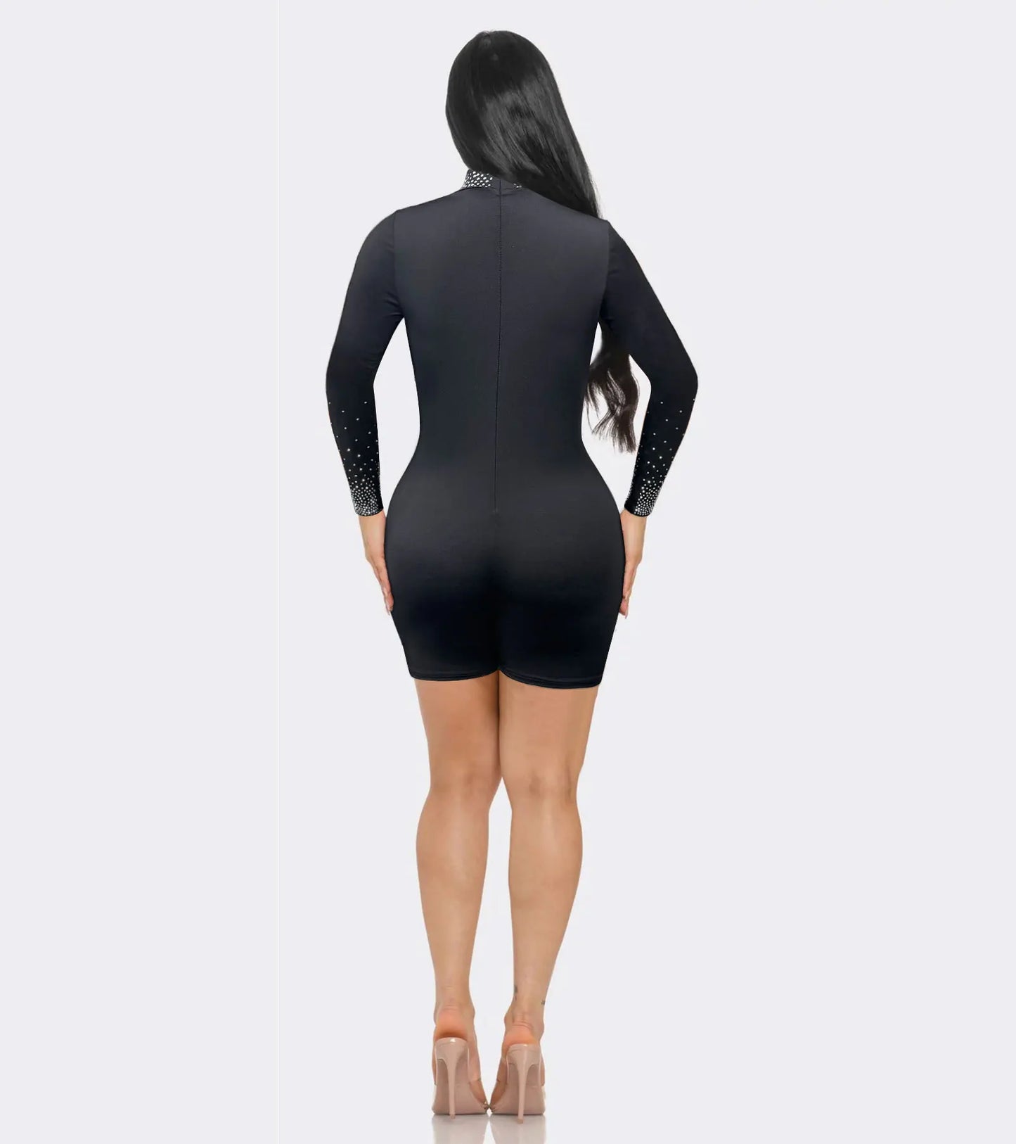CM.YAYA Women Diamonds Mesh Patchwork Long Sleeve Playsuits Short Jumpsuits 2025 Spring Sexy Party Club One Piece Outfit Rompers
