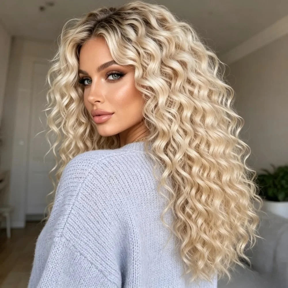 Kinky Curly Synthetic Lace Front Wigs Ombre Brown Roots Ash Blonde Wig 13x4 HD Long Curly Dance Party Street Wear Use