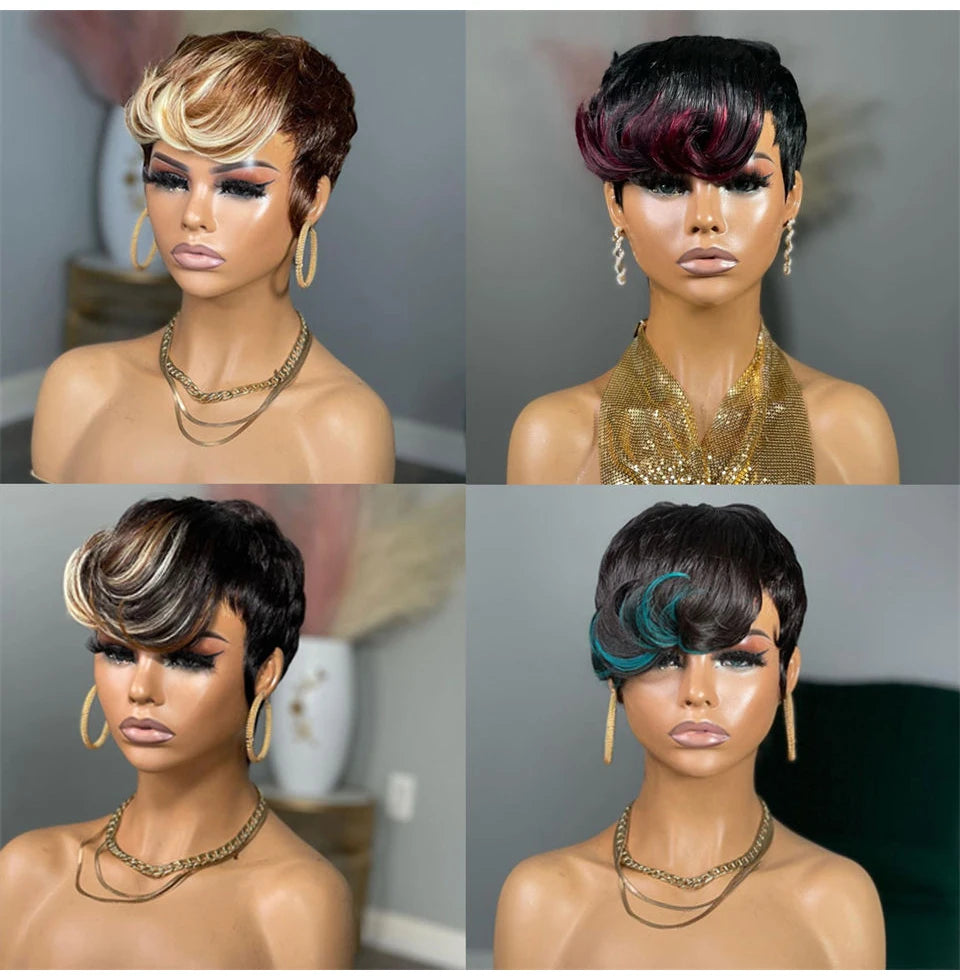 Short Pixie Cut Wigs Human Hair Blonde Green Highlight Short Bob Wigs 613 Burgundy 99J Colored Brown full Machine made Wigs