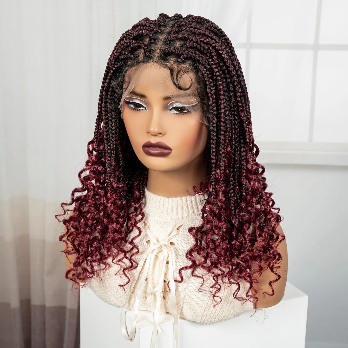 Knotless Box Boho Braided Wigs with Curly Ends Synthetic Full Lace Braided Lace Wigs Short Braided Bob Wig for Black Women