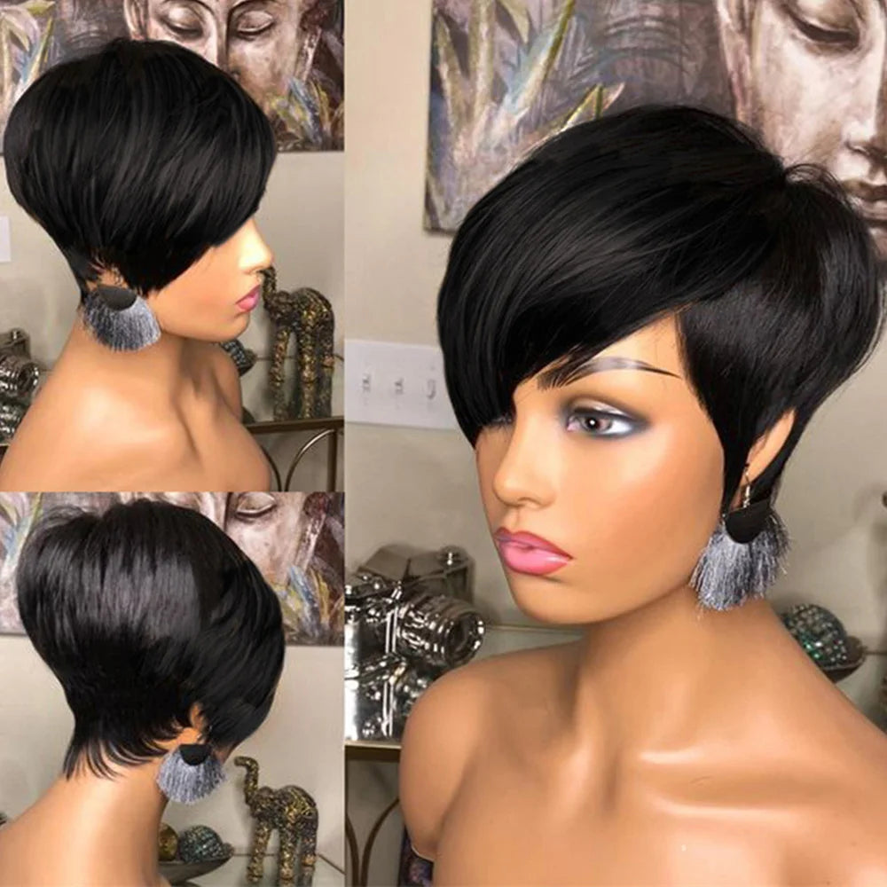 Short Bob Straight Human Hair Wigs Natural Black Brazilian Virgin Hair Pixie Cut Wig For Black Women Full Machine Made Wigs