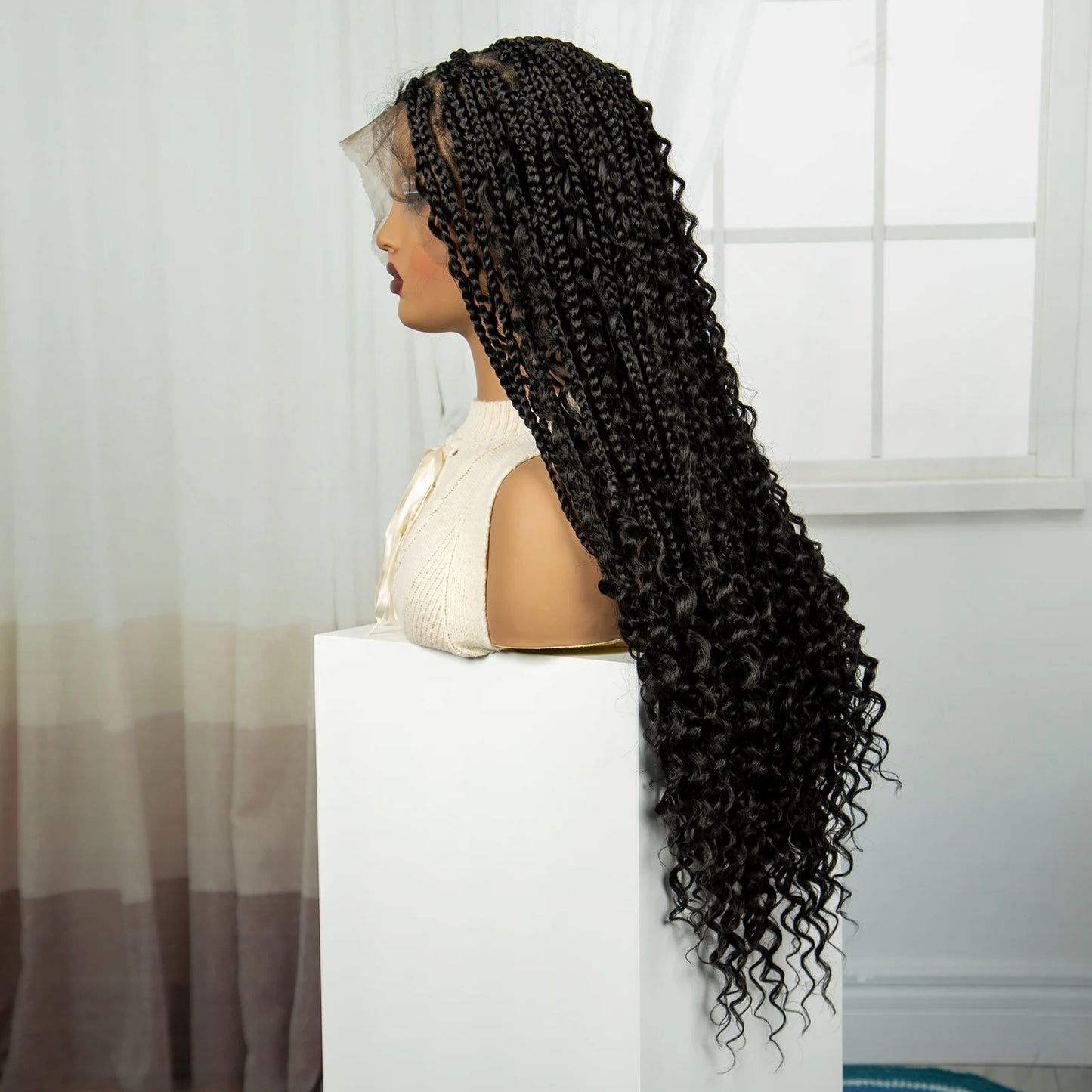 32 inch Synthetic Braided Wigs Natural Curly Boho Braideds Wigs Full Lace Knotless Box Braids Wig with Baby Hair for Black Women