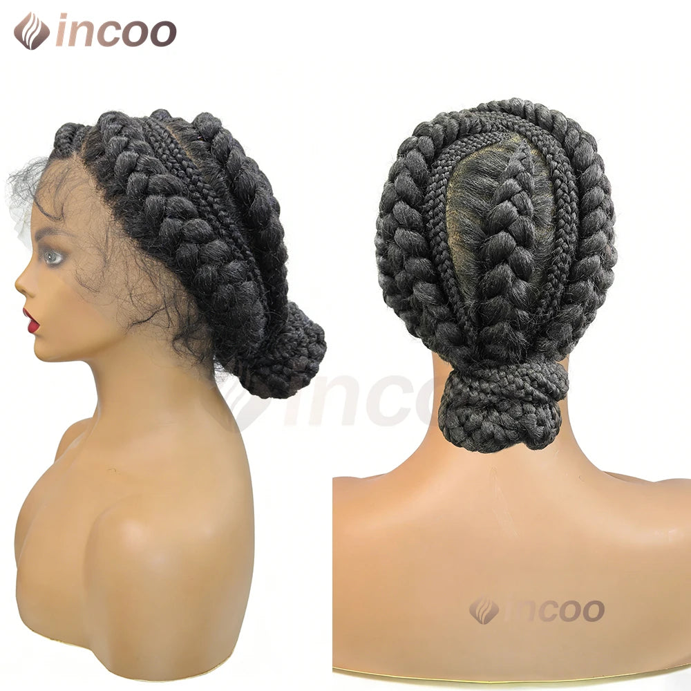 12 Inch African Cornrow Box Braids Bun Short Synthetic Full Lace Braided Wigs Glueless Natural Looking Box Braids Hair for Women