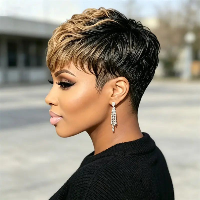 Pixie Cut Wig Full Machine Made Witg Bangs Black Blonde Curly Layer Real Human Hair Wig For Women Females Daily Gathering Wear