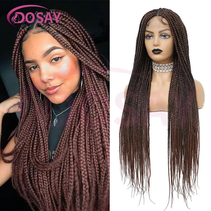 36Inch Burgundy Synthetic Long Box Braided Wig Full Lace Straight Knotless Cornrow Braid with Baby Hair for Women