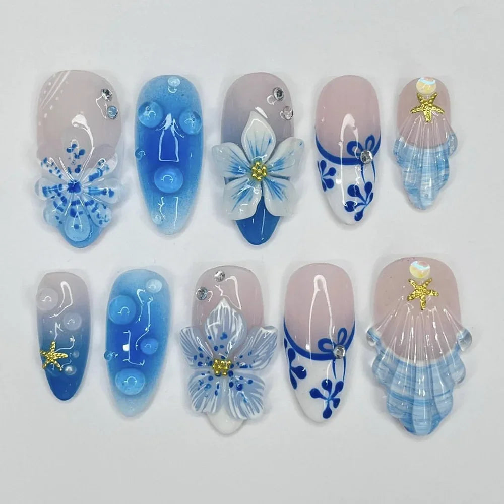 3D Blue Gradation Ocean Short Almond Press On Nails Art Party Sticker Lily Flowers Shell Gel Handwork Reuse Fake Nails Girl Gift