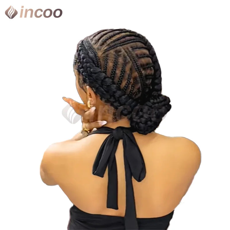 12 Inch African Cornrow Box Braids Bun Short Synthetic Full Lace Braided Wigs Glueless Natural Looking Box Braids Hair for Women