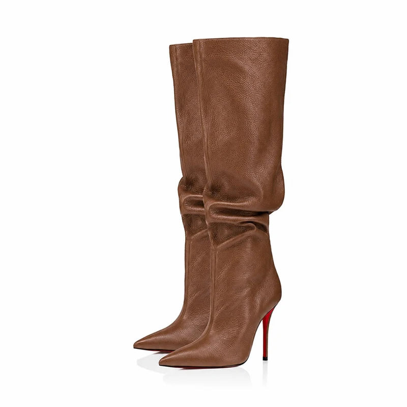 Ladies Ruched Knee‑High Leather Boots Pointed Toe Thin Stiletto Heel Long Booties Chic Dress Shoes for Club & Urban Occasions