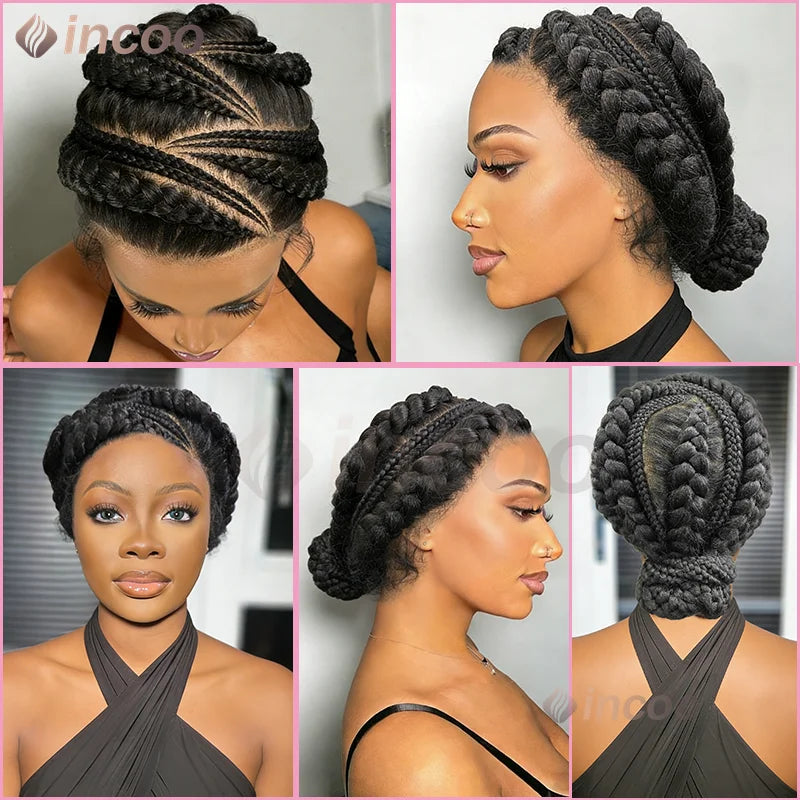 12 Inch African Cornrow Box Braids Bun Short Synthetic Full Lace Braided Wigs Glueless Natural Looking Box Braids Hair for Women