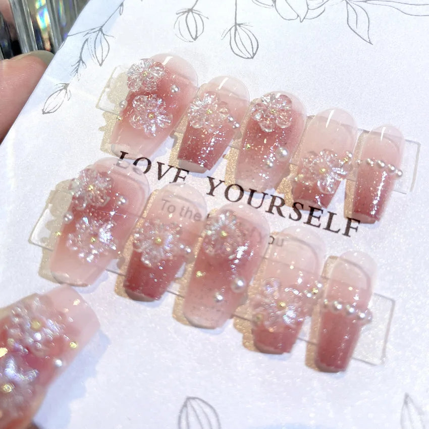 Glitter Fairy Rhinestone False nail Tips for Bride lady Wearable Sweet Crystal Design Press on Nails Mid Length Fake Nail Patch