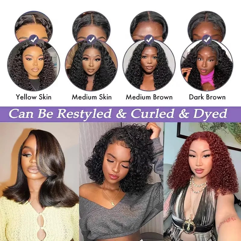 4C Human Hair Deep Glueless Short Bob Wig 10-14 Inch Deep Wave Lace Front Bob Wigs 100% Human Hair 13x6x2 Middle Part Bob Wigs