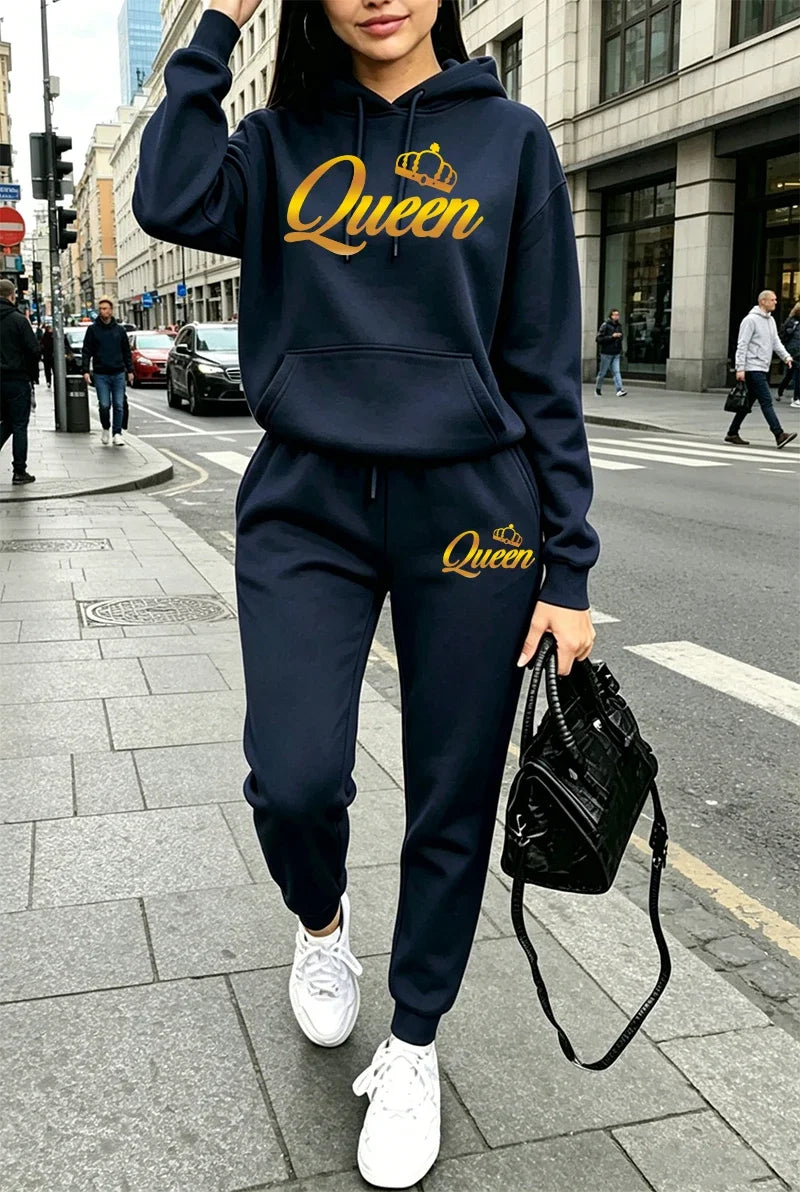 Queen Womens Outfits Fashion Casual Hooded Sweatshirt Outdoors Sports Jogging Woman Clothing Autumn Winter Street Hoodie Pants