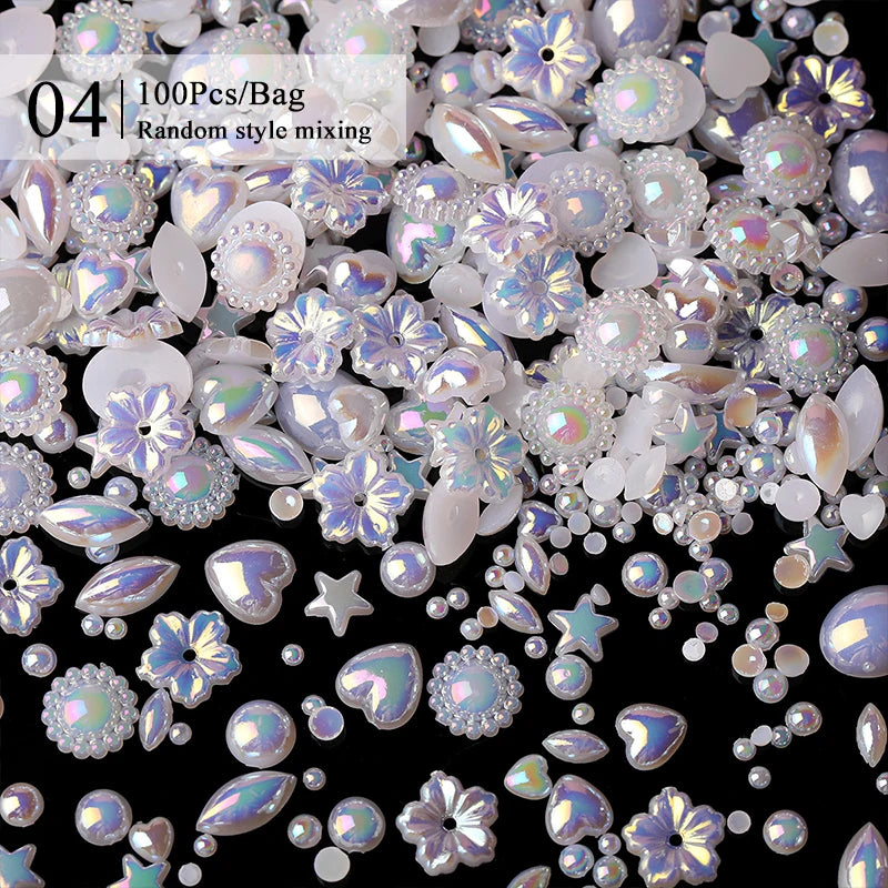 100/200pcs 3D Mixed Nail Decorations Kawaii Heart Flower Bear Pearl Design Rhinestone Nail Art Charms Jewelry Manicure Accessory