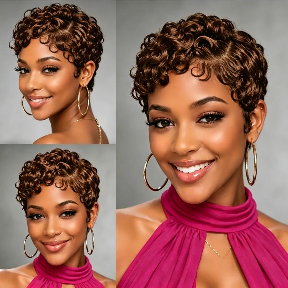 13x4 Lace Front Short Curly Human Hair Wig, Tiny Curls Pixie Cut Hair Wigs for African American Women