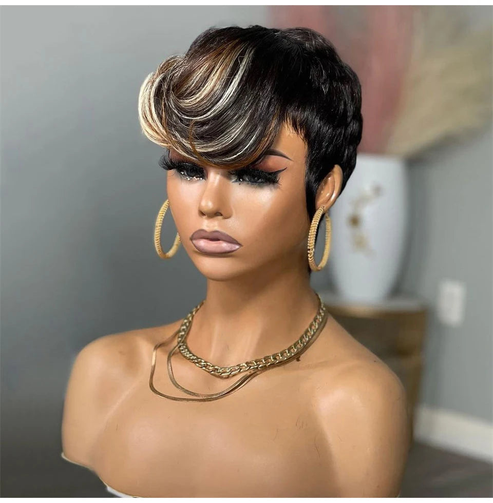 Short Pixie Cut Wigs Human Hair Blonde Green Highlight Short Bob Wigs 613 Burgundy 99J Colored Brown full Machine made Wigs