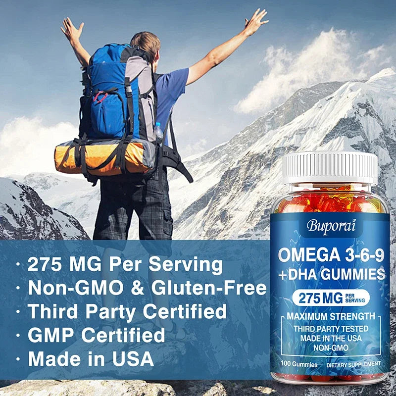 Omega 3 6 9 + DHA Gummies - Improves Circulation & Increases Antioxidant Activity, Supports Eye, Skin, Brain and Immune Health