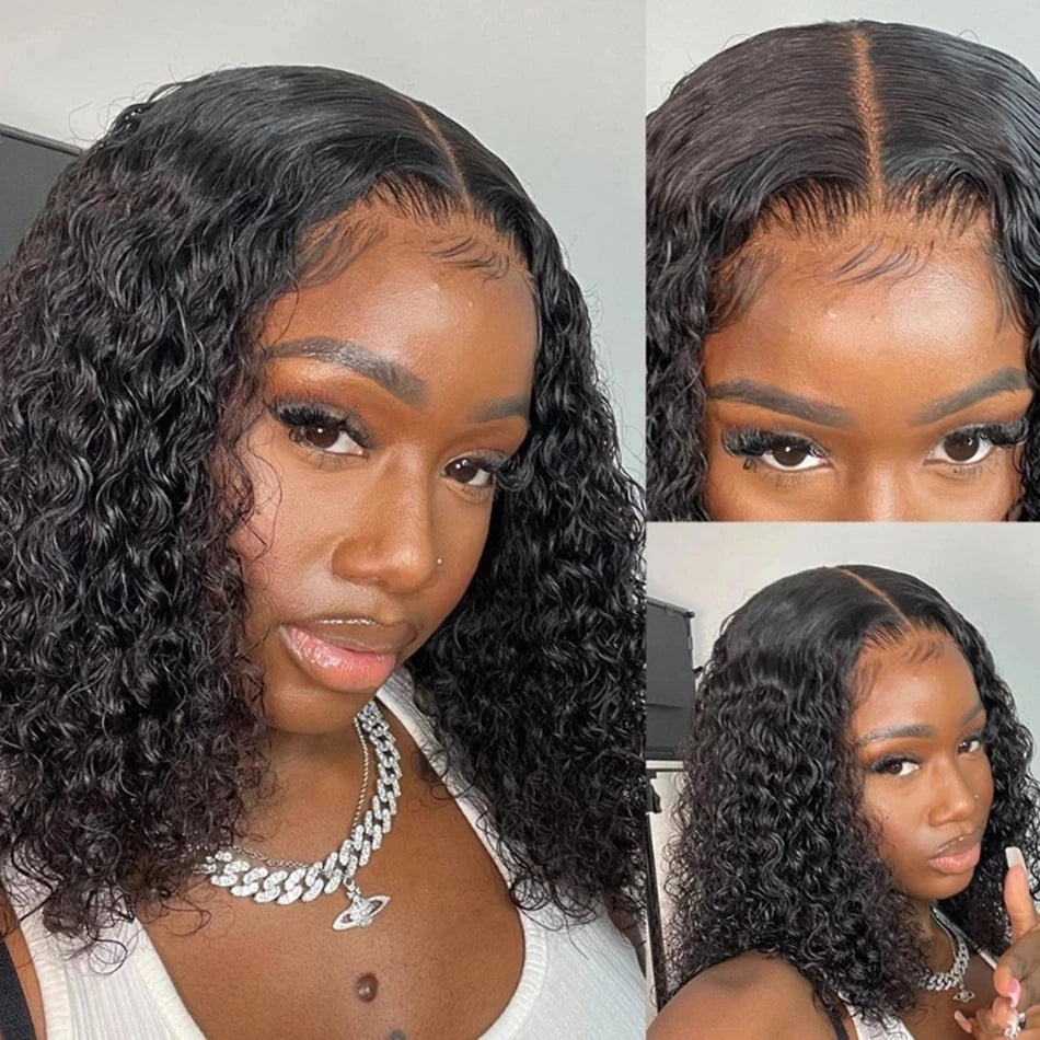 4C Human Hair Deep Glueless Short Bob Wig 10-14 Inch Deep Wave Lace Front Bob Wigs 100% Human Hair 13x6x2 Middle Part Bob Wigs