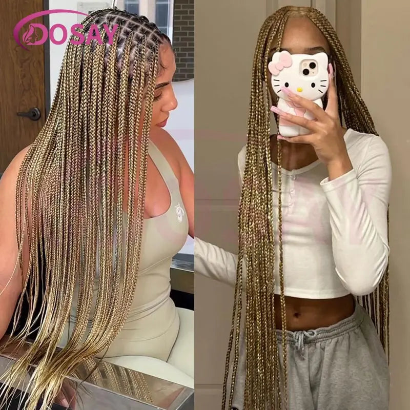 36Inch Burgundy Synthetic Long Box Braided Wig Full Lace Straight Knotless Cornrow Braid with Baby Hair for Women