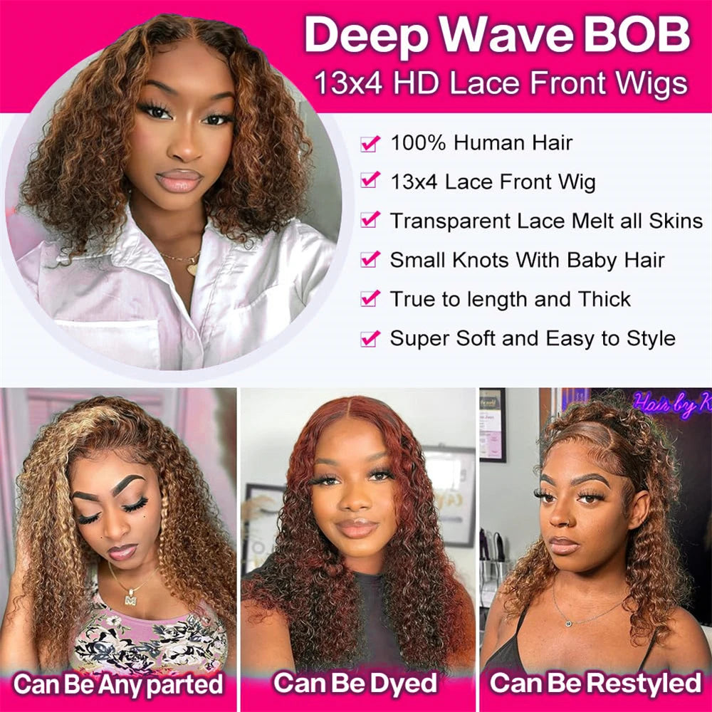 Highlight Short Bob Wigs Deep Wave 13x4 Lace Frontal Wig Human Hair Kinky Curly Frontal Bob Wig 4/27 Ombre Color 250% Density