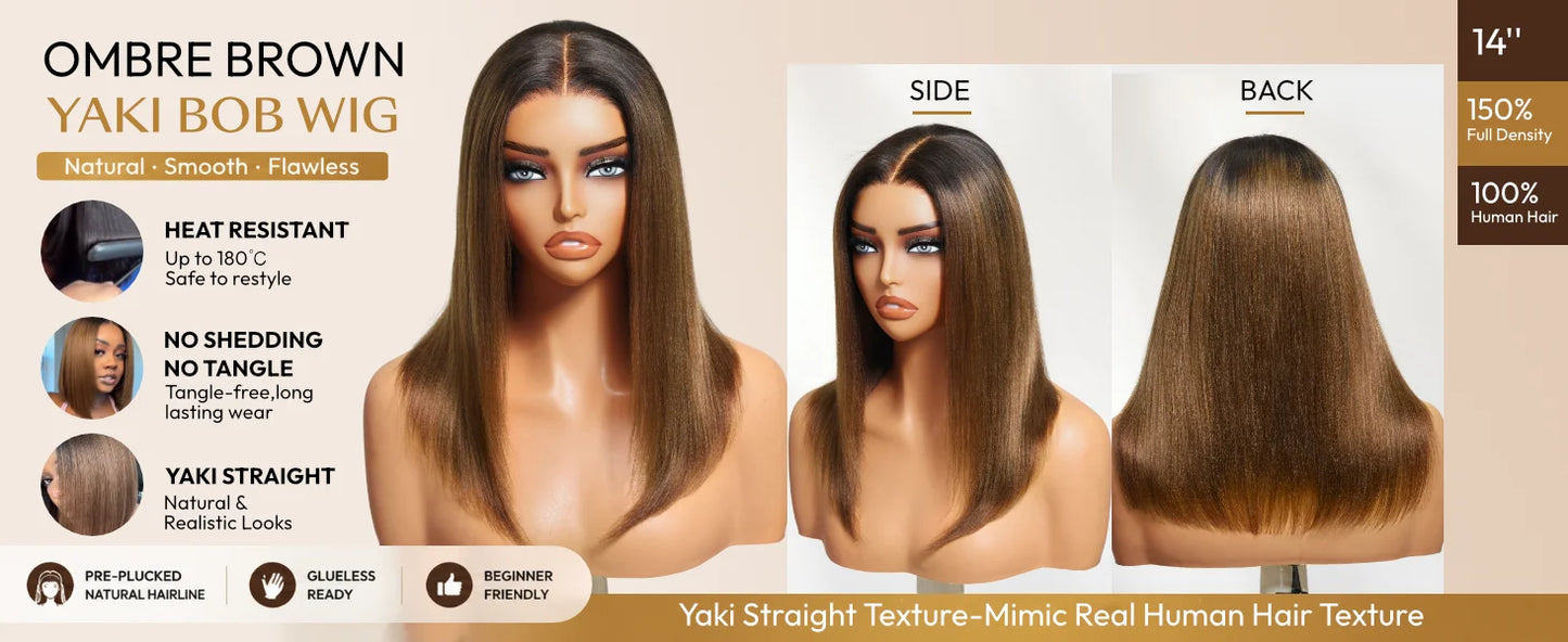 UNice Hair 7x5 & 13x4 Lace Chestnut Brown Ombre Yaki Straight Bob Wig With Drawstring Pre Cut Pre Bleached Glueless Wig Human Hair Ready To Wear
