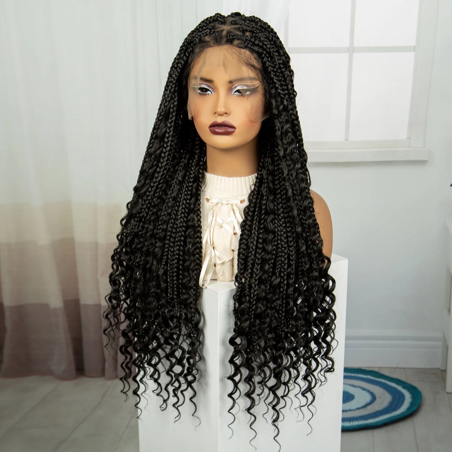 32 inch Synthetic Braided Wigs Natural Curly Boho Braideds Wigs Full Lace Knotless Box Braids Wig with Baby Hair for Black Women