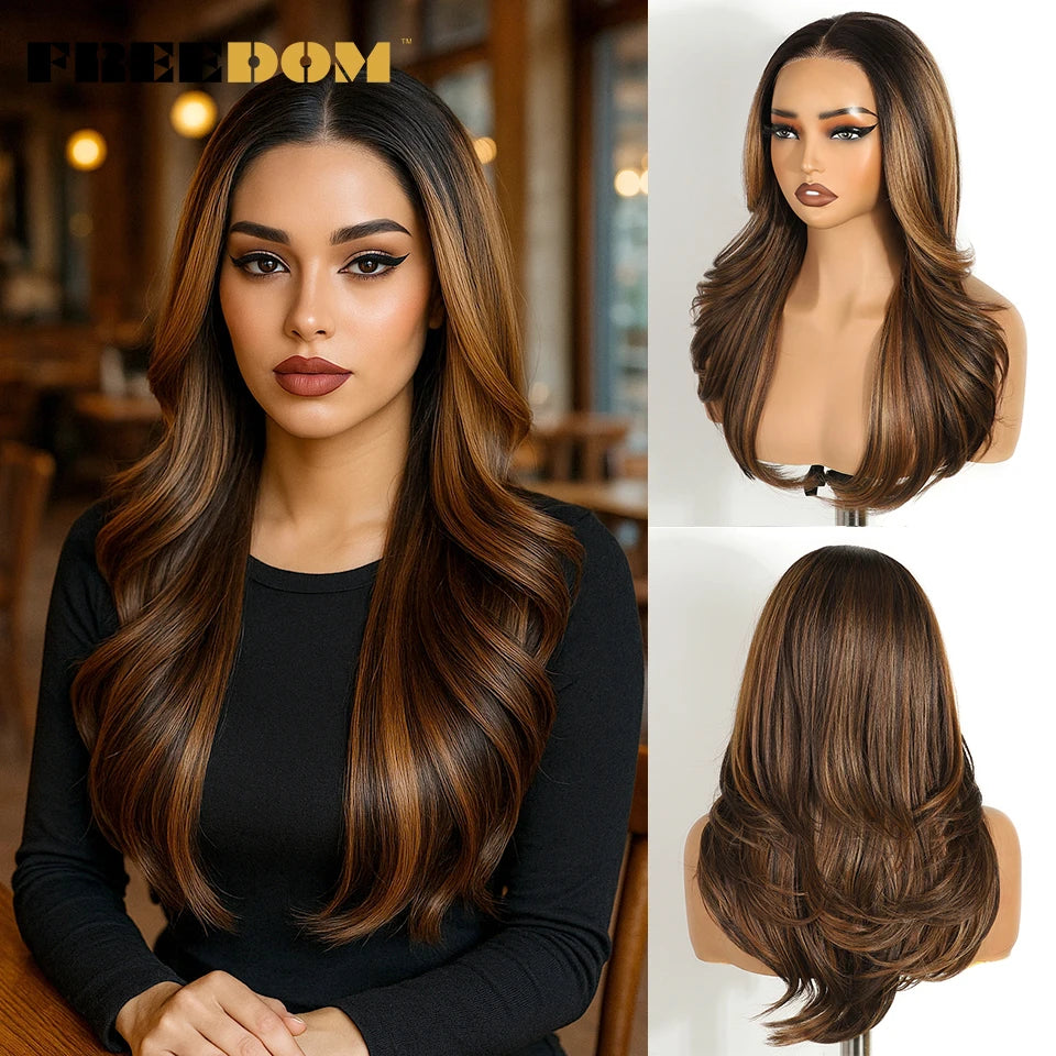 FREEDOM Layered Synthetic Lace Front Wigs For Women 20 Inch Ombre Blonde Wavy  6X4 Pre Plucked Wear And Go Glueless Lace Wigs