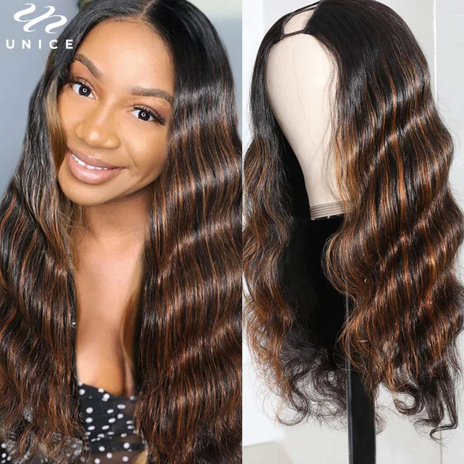 UNice Brown Highlight Body Wave U Part Wig 100% Human Hair Glueless Install No Lace No Glue Minimal Leave Out