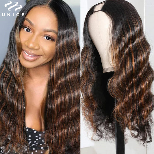 UNice Brown Highlight Body Wave U Part Wig 100% Human Hair Glueless Install No Lace No Glue Minimal Leave Out