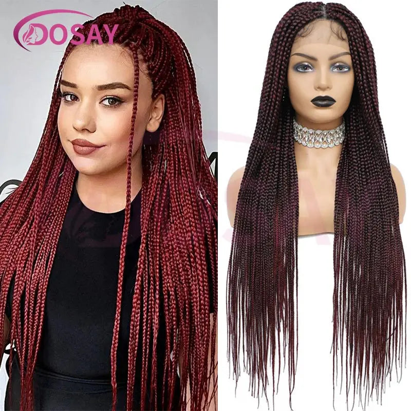 36Inch Burgundy Synthetic Long Box Braided Wig Full Lace Straight Knotless Cornrow Braid with Baby Hair for Women