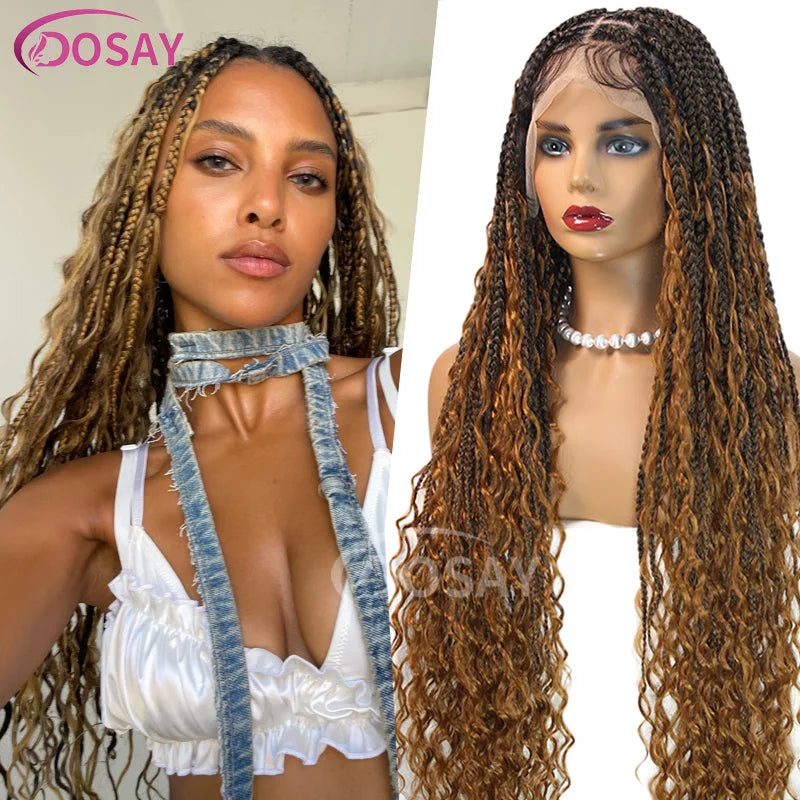 36" Full Lace Boho Braided Wigs Synthetic Knotless Box Braids Wig for Black Women Ombre Blonde Curly Hair Ends Goddess Braid Wig