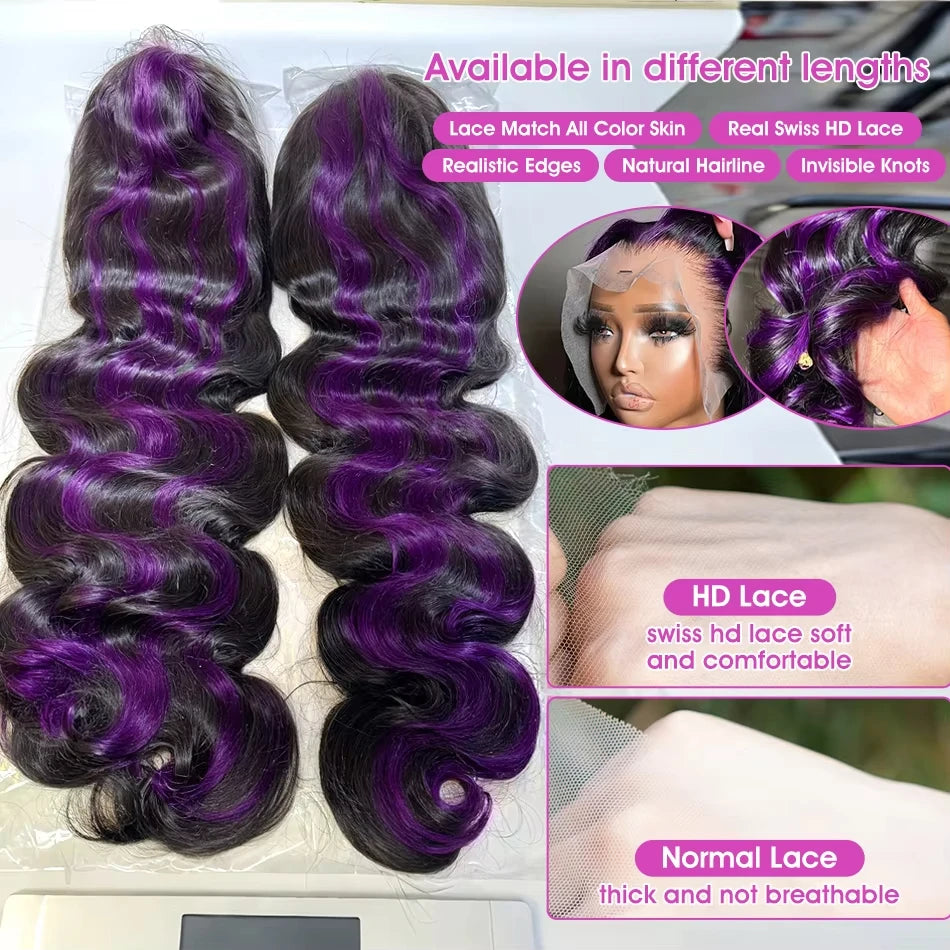 Lafino Ombre Purple Black Body Wave 13x6 13x4 HD Transparent Lace Front Human Hair Wigs Purple Colored Human Hair Wigs For Women