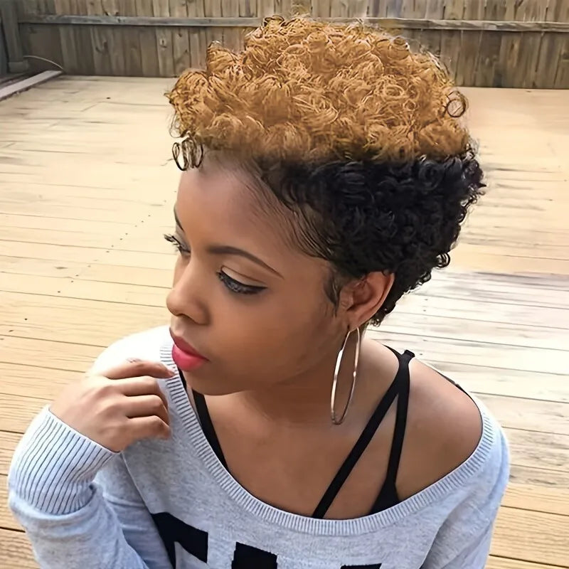 pixie cut natural black color 6inch daily party christmas use remy wig machine made wig 150% density short curly human hair wigs