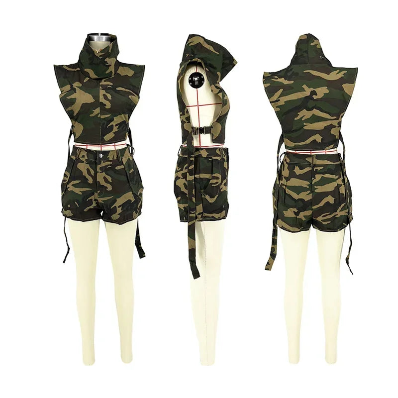 Streetwear Camouflage Print Short Sets Womens 2 Piece Outfits Sporty Casual Button Side Split Crop Top and Shorts Matching Sets