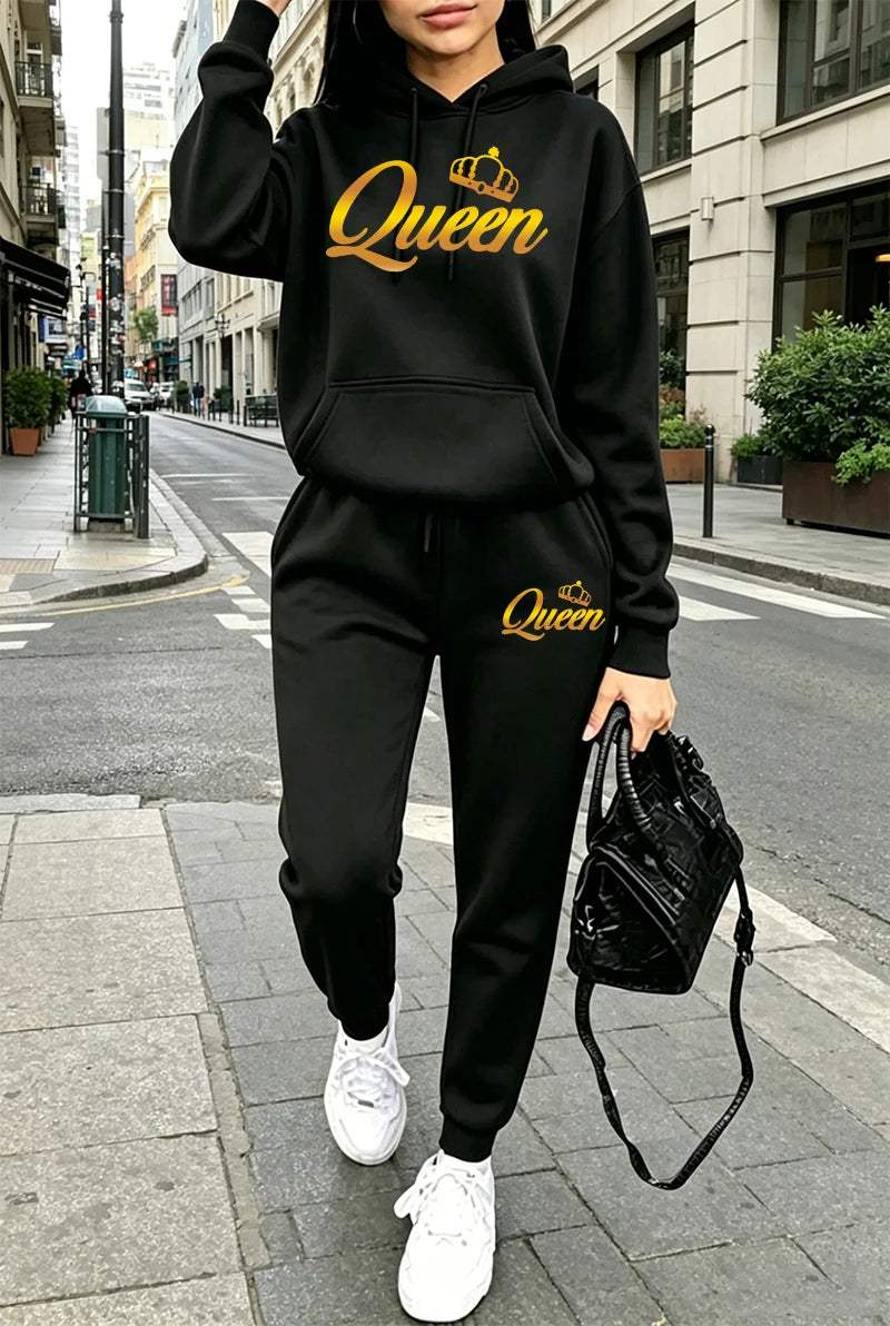 Queen Womens Outfits Fashion Casual Hooded Sweatshirt Outdoors Sports Jogging Woman Clothing Autumn Winter Street Hoodie Pants