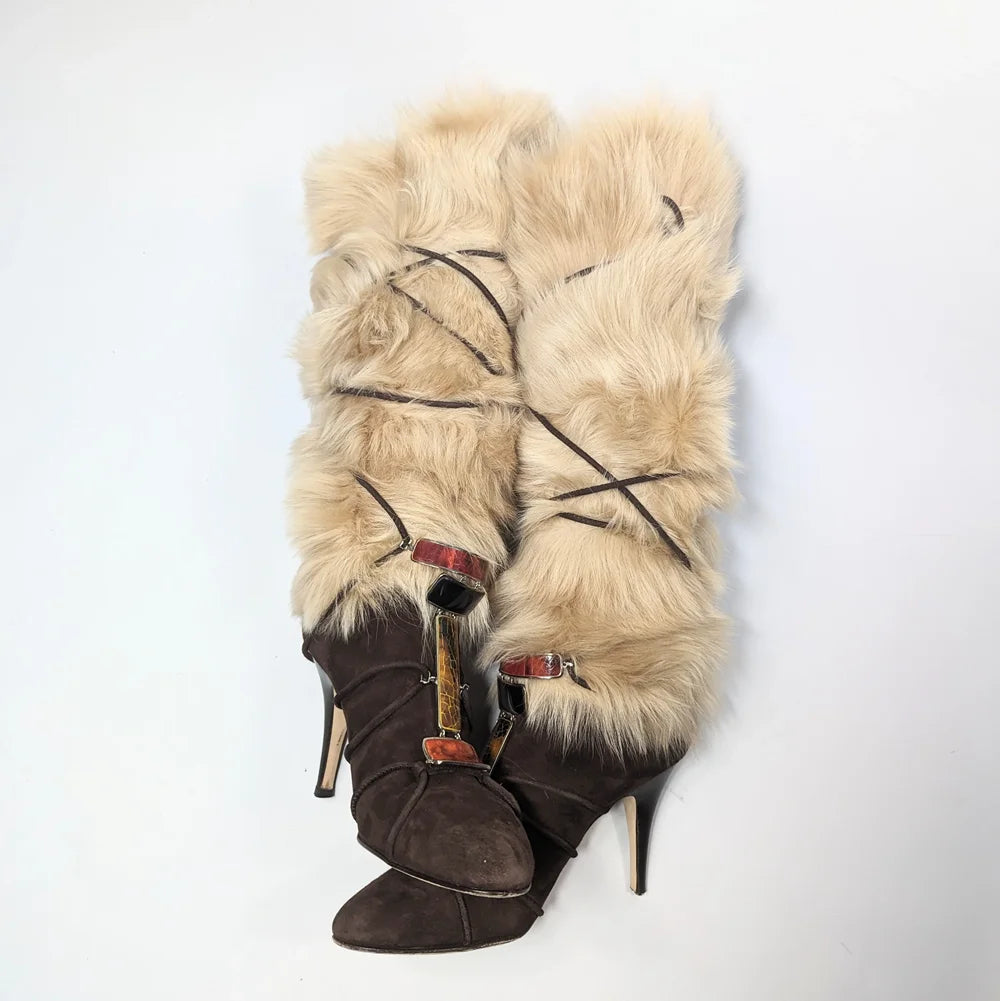 Beige Faux Fur Knee-High Stiletto Boots Brown Lace-Up Colorful Gemstone Decoration Fashion Round-Toe Women's Winter Boots