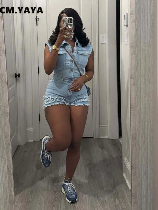 CM.YAYA Women V-neck Short Sleeve Denim tassel Short Jumpsuit Playsuits 2025 Summer Street Party Jeans Romper One Piece Outfits