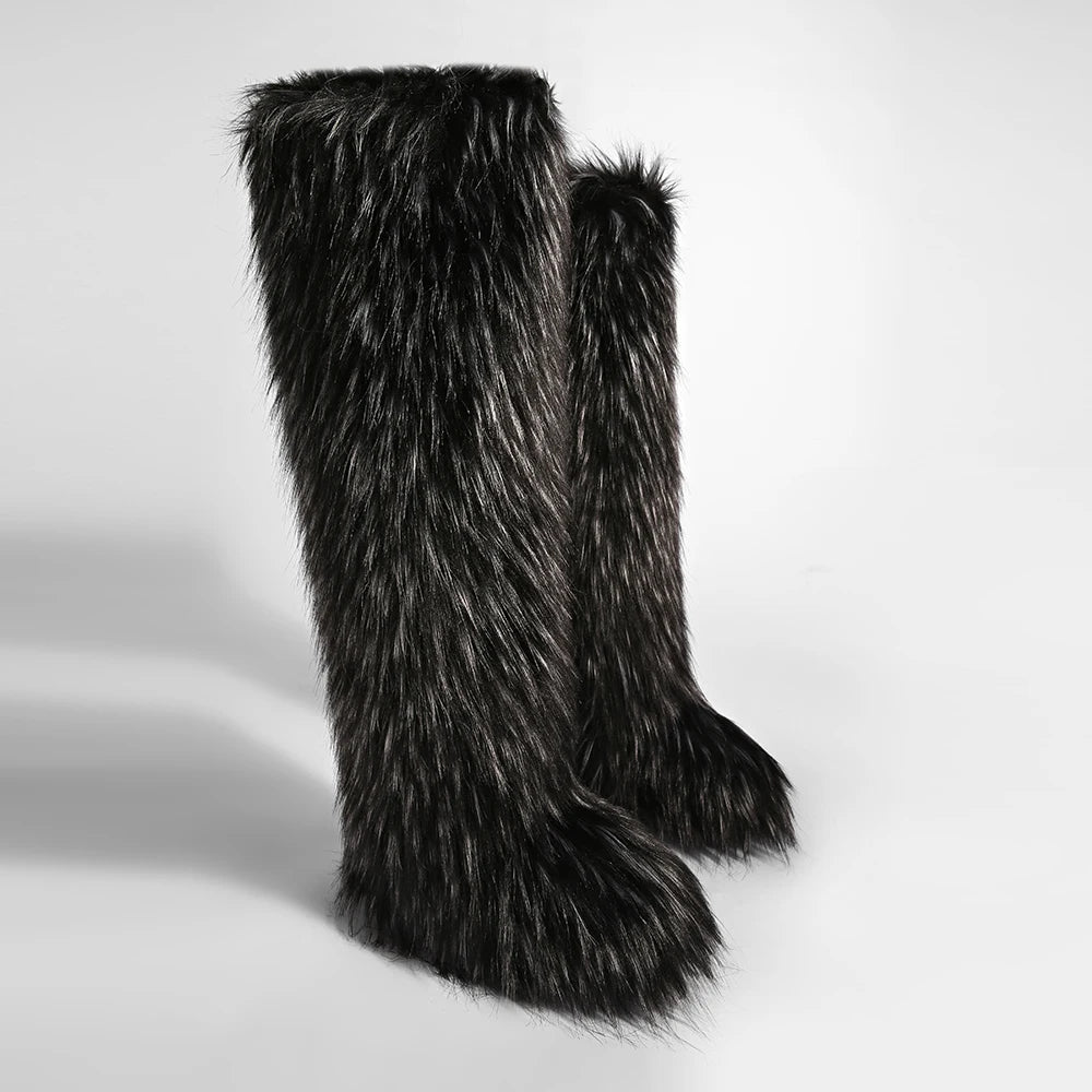 Women's Cozy Faux Fur over the Knee Boots Thigh High Fluffy Y2K Furry Fuzzy Warm Outdoor Comfortable Girls Boot