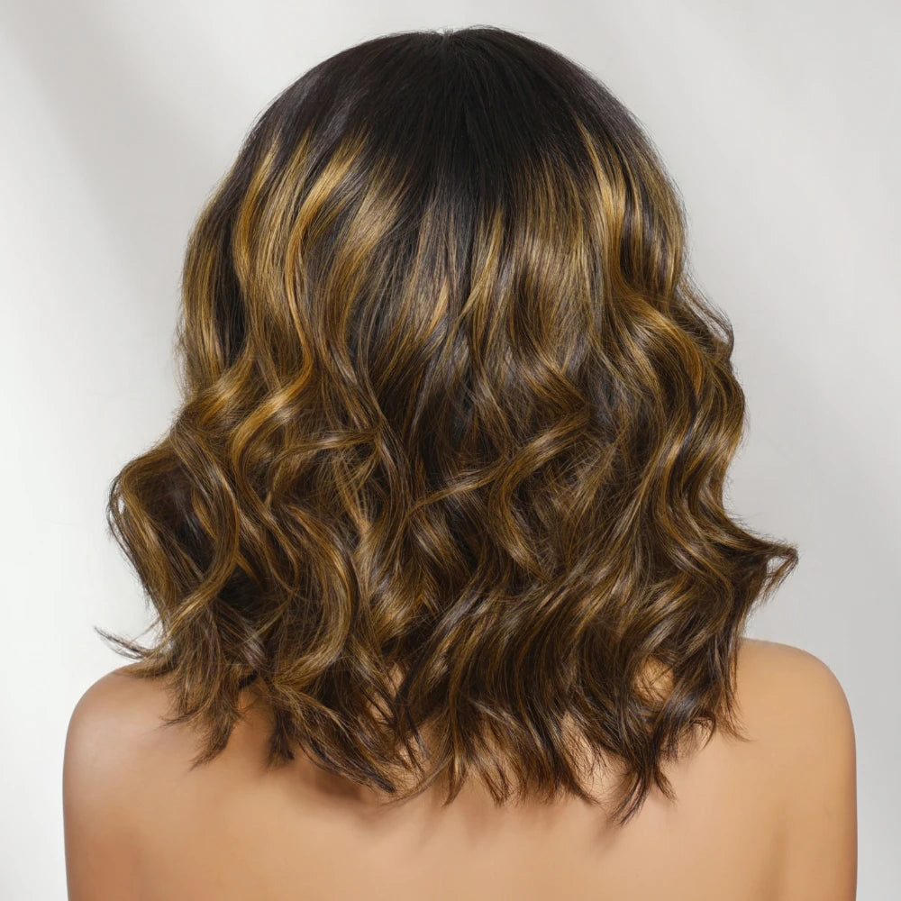 UNice 7x5 Bye Bye Slip™ Lace Balayage Highlight Wavy Bob Wig With Drawstring Put On & Go Glueless Human Hair Wig Ready To Wear