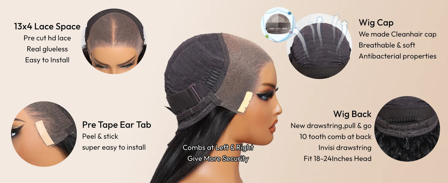 UNice Pre Everything 13x4 Lace Frontal Black Cherry Water Wave Human Hair Wig Pre Ear Tape Peel & Stick Glueless Wig Ready-to-go