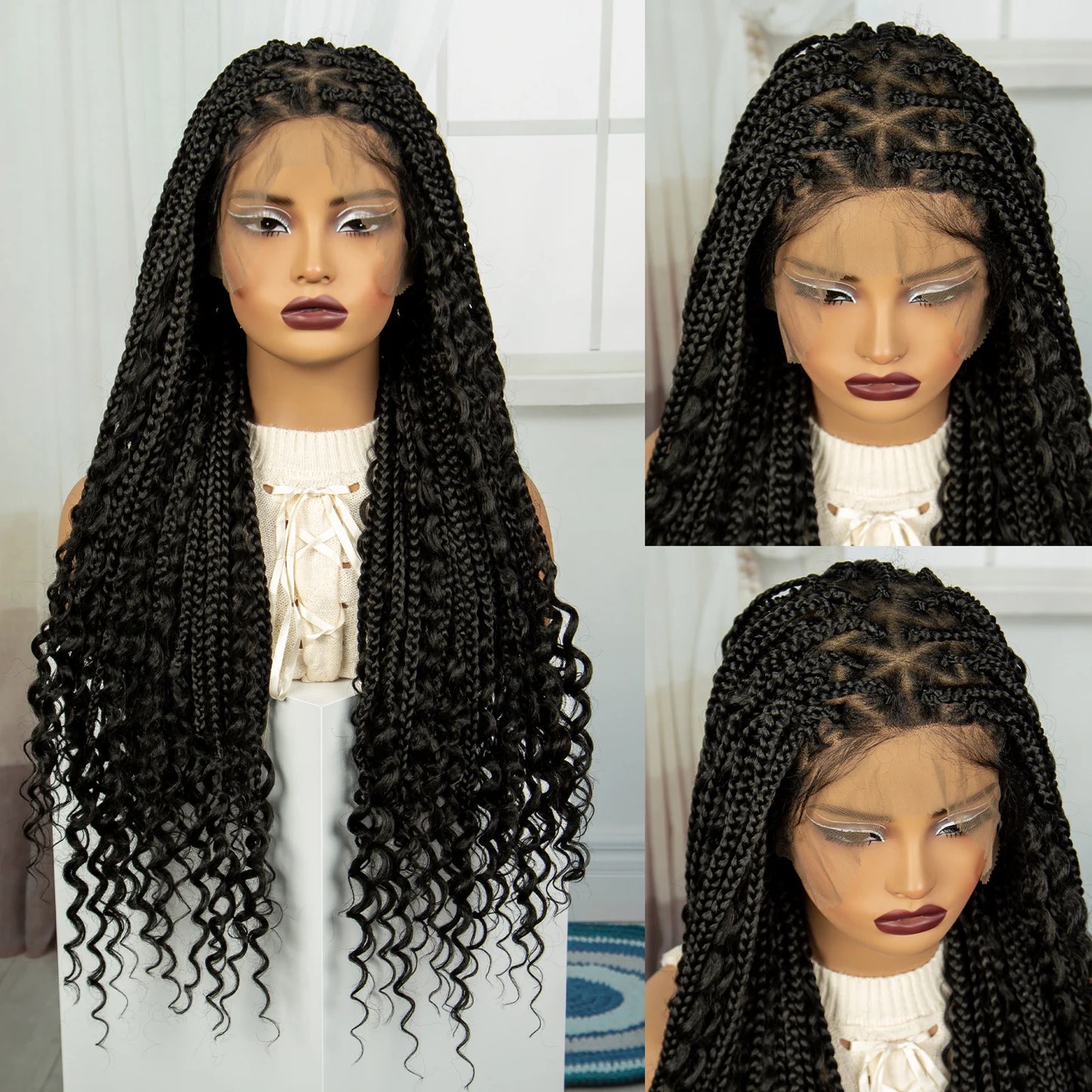 32 inch Synthetic Braided Wigs Natural Curly Boho Braideds Wigs Full Lace Knotless Box Braids Wig with Baby Hair for Black Women