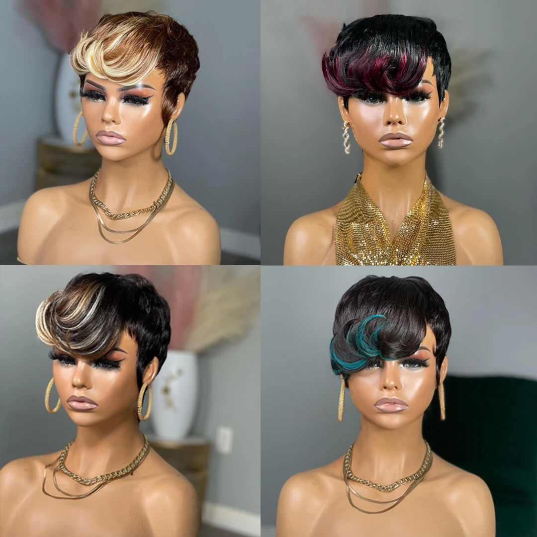 Short Pixie Cut Wigs Human Hair Blonde Green Highlight Short Bob Wigs 613 Burgundy 99J Colored Brown full Machine made Wigs