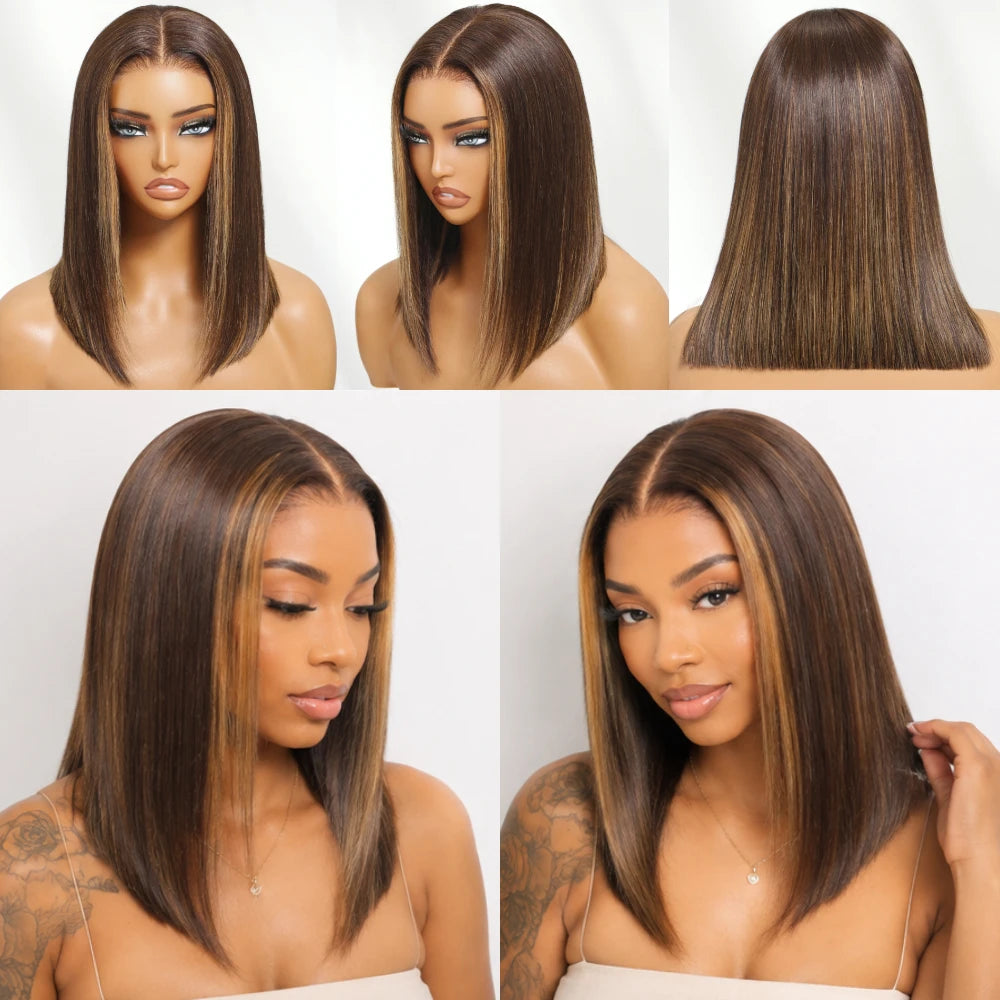 UNice Espresso Brown With Highlights Straight Bob Wig No-Slip 7x5 Lace Glueless Wig Human Hair Ready To Wear