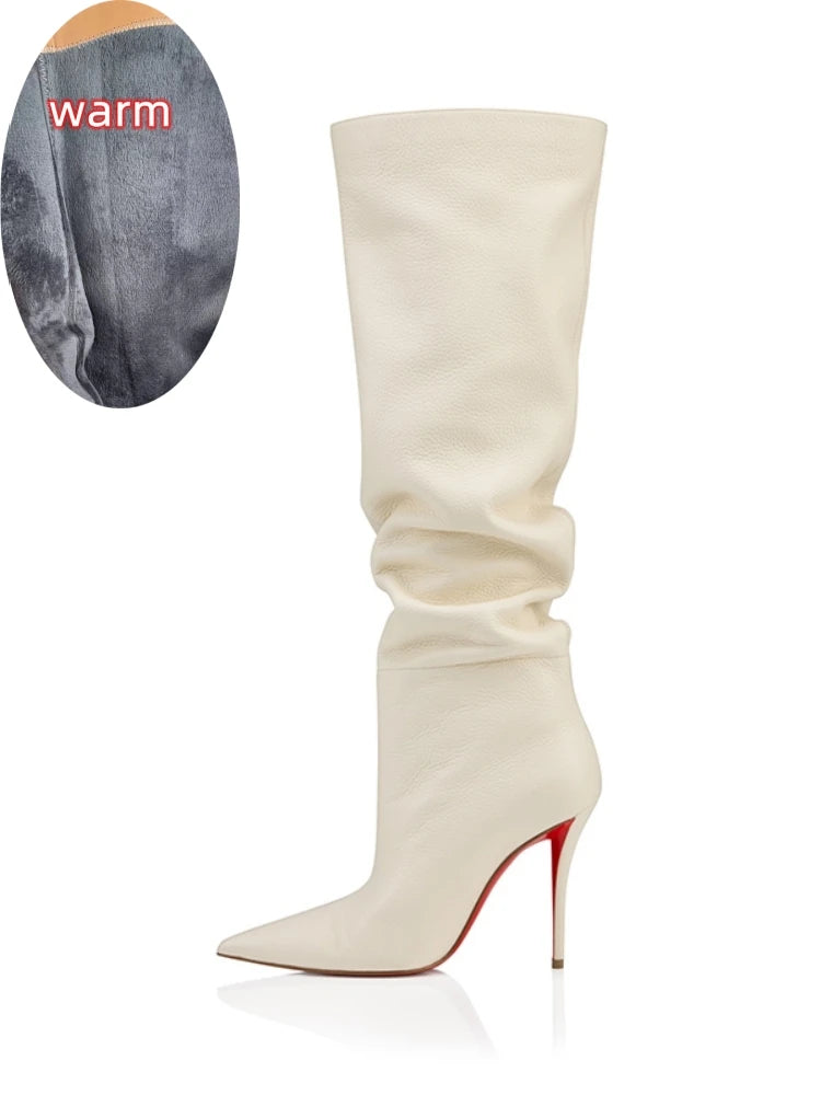 Ladies Ruched Knee‑High Leather Boots Pointed Toe Thin Stiletto Heel Long Booties Chic Dress Shoes for Club & Urban Occasions
