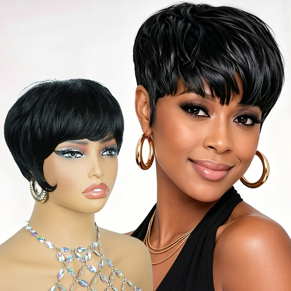 Full Machine Made Human Hair Short straight Pixie Wig Natural Black Bangs Short Wig for Women
