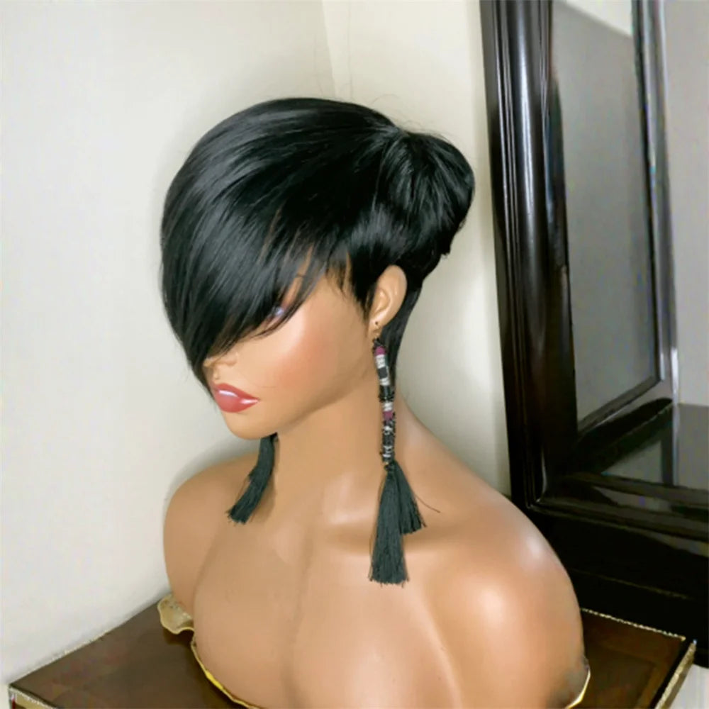 Short Bob Straight Human Hair Wigs Natural Black Brazilian Virgin Hair Pixie Cut Wig For Black Women Full Machine Made Wigs