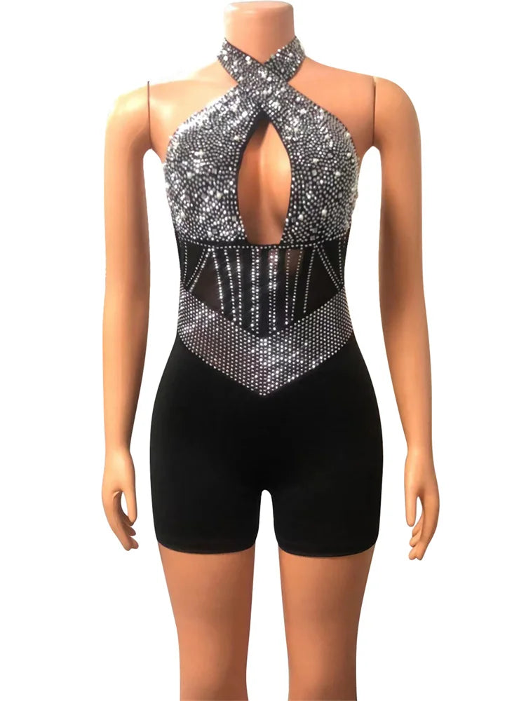 Weird Puss Sequins Halter Women Bodysuit Sparkle Hollow Backless Sleeveless Patchwork Sexy Stage Performance Party Playsuits
