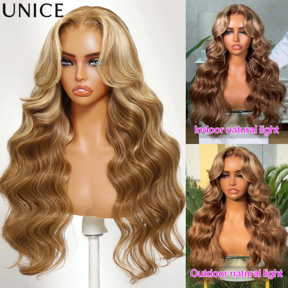 UNice Honey Blonde Highlights Body Wave Human Hair Wig With Drawstring 7x5 Lace Pre Cut Pre Bleached Glueless Wig 150% Density
