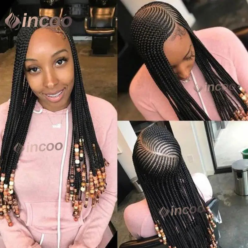 36" Cornrow Braided Wigs Synthetic Handmade Side Part Braided Wig Full Lace Frontal Braiding Wig Goddess Knotless Box Braids Wig